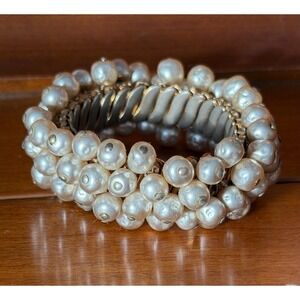 Vintage Faux Pearl Cluster Stretch Bracelet Chunky Statement
